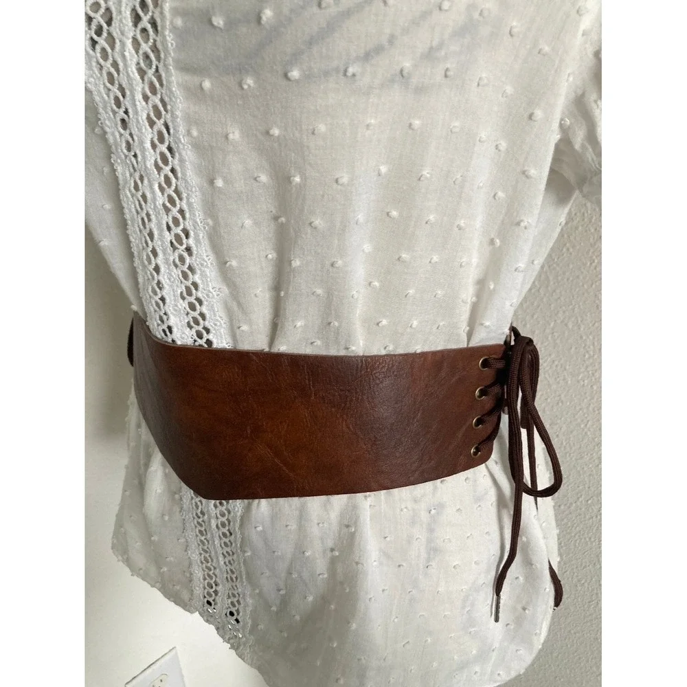 Brown Wide Waist Corset Lace Up Faux Leather Belt Statement Ren Faire Size M/L